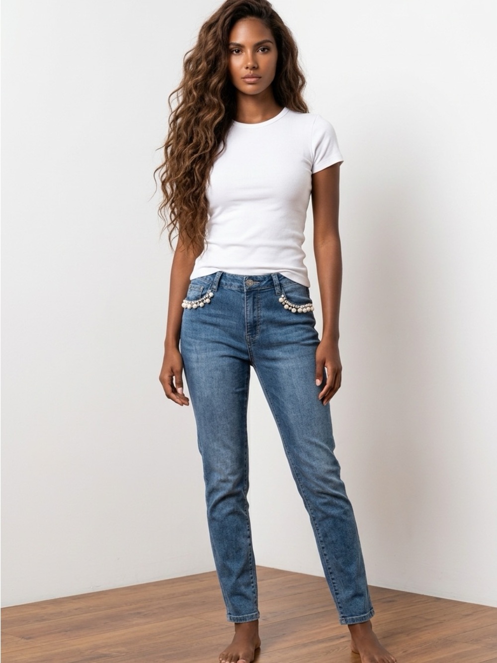 Pearl-Trim Blue Women’s Jeans